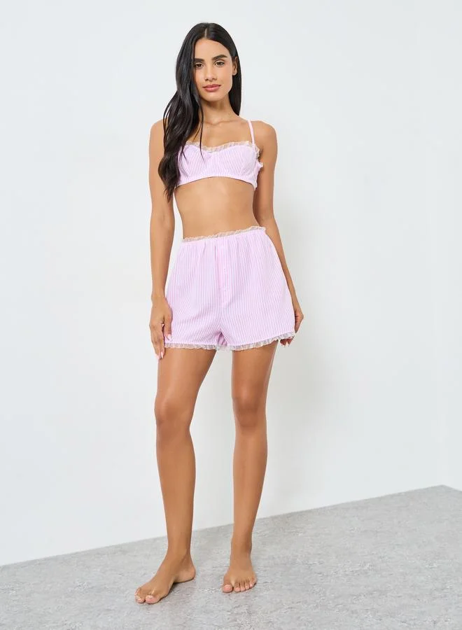 Styli Striped Seersucker Non Padded Wired Balconette Bra and Boxer Shorts Set